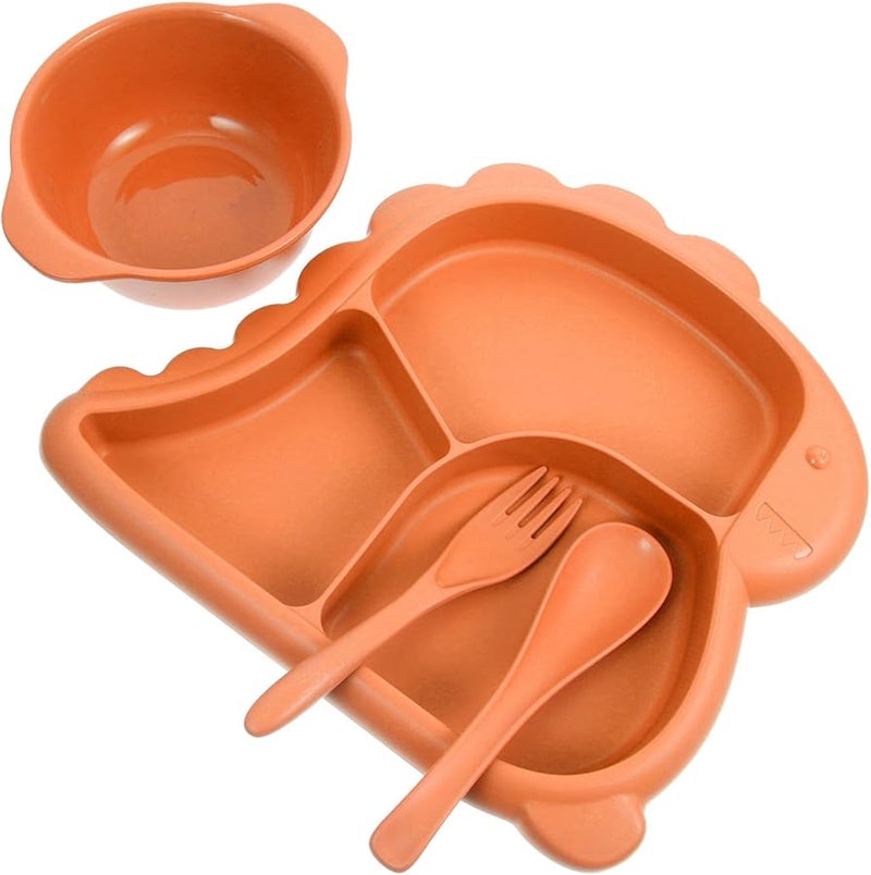 Orange Dinosaur Divided Plate Set with Bowl Fork Spoon Safe Non Toxic Tableware for Kids - Image 1
